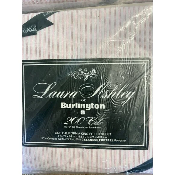 NEW VTG Laura Ashley Ticking Stripe Cal King Fitted Flat Sheet Set Burlington